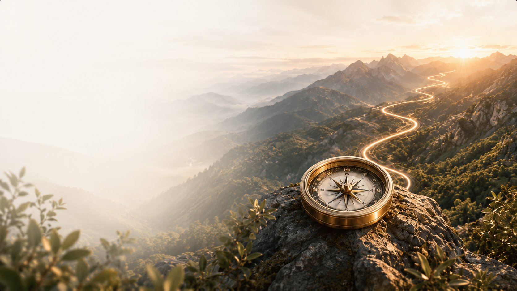 Mountain landscape with golden path and compass
