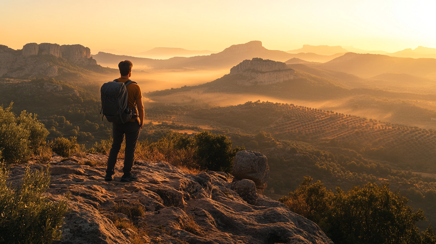 A figure on a winding path through open landscape
