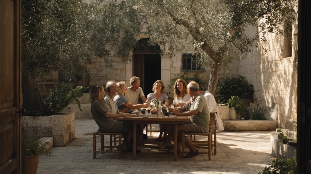 Community gathering in the courtyard
