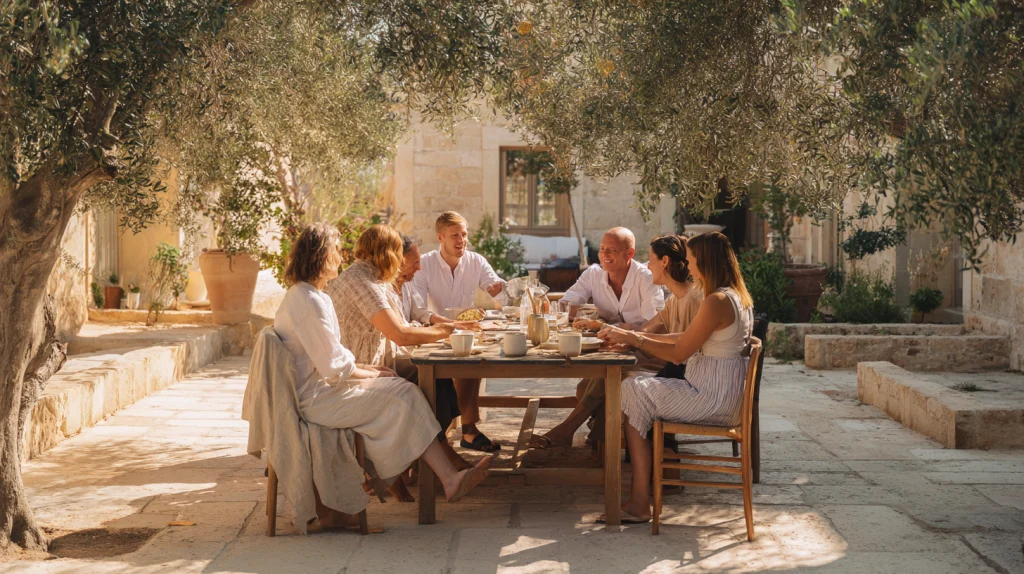 Outdoor dining under the olive trees