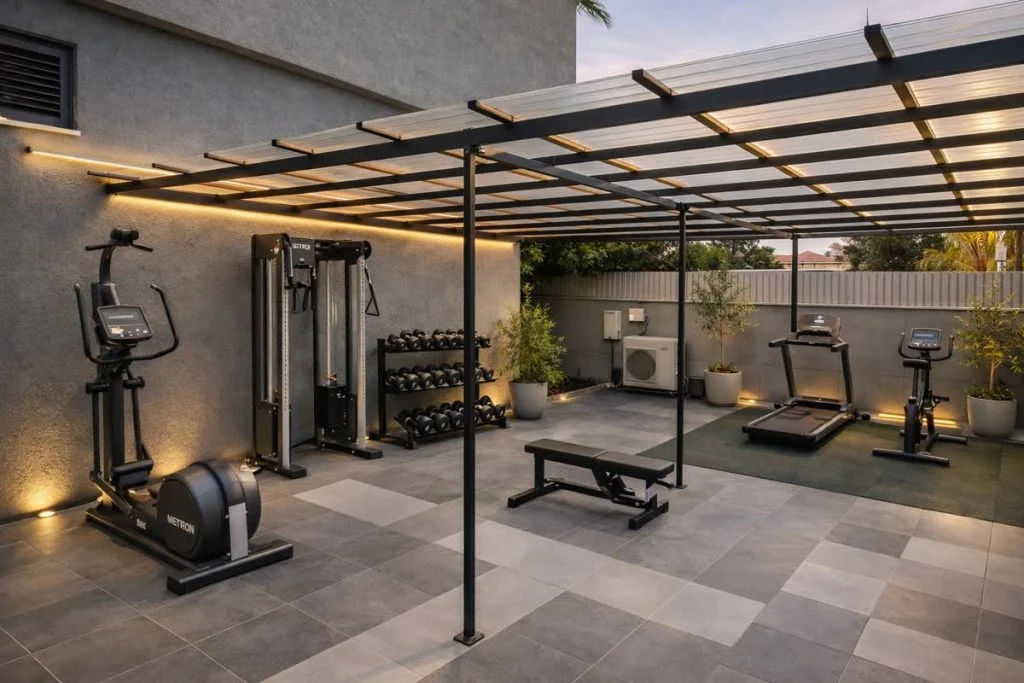 Outdoor fitness area under the pergola